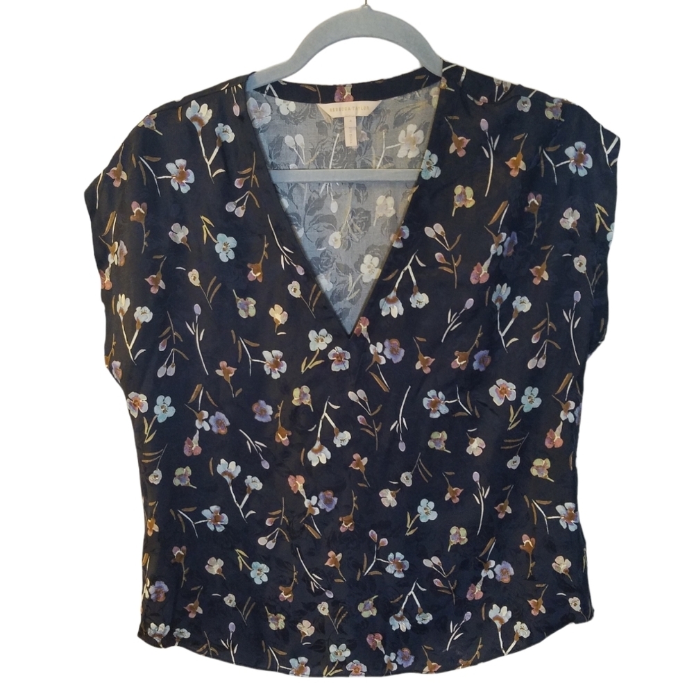Rebecca Taylor Sleeveless Top Floral Blue Size 4 Silk Blend